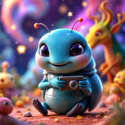 The primary subject of the image is a small blue bug, likely a grasshopper, sitting on the ground and holding a camera. The setting is a colorful and whimsical environment, with a backdrop of other small creatures, such as birds and a dragon. The visual style is a combination of digital art and illustration, creating a vibrant and imaginative scene. The colors and mood are lively and cheerful, with a focus on the playful and creative aspects of the image.